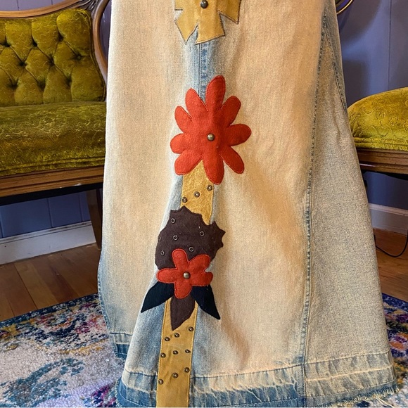 Vintage 90s/Y2K RARE Road Cat Suede And Felt Patchwork Maxi Denim Skirt Size M - Picture 8 of 16